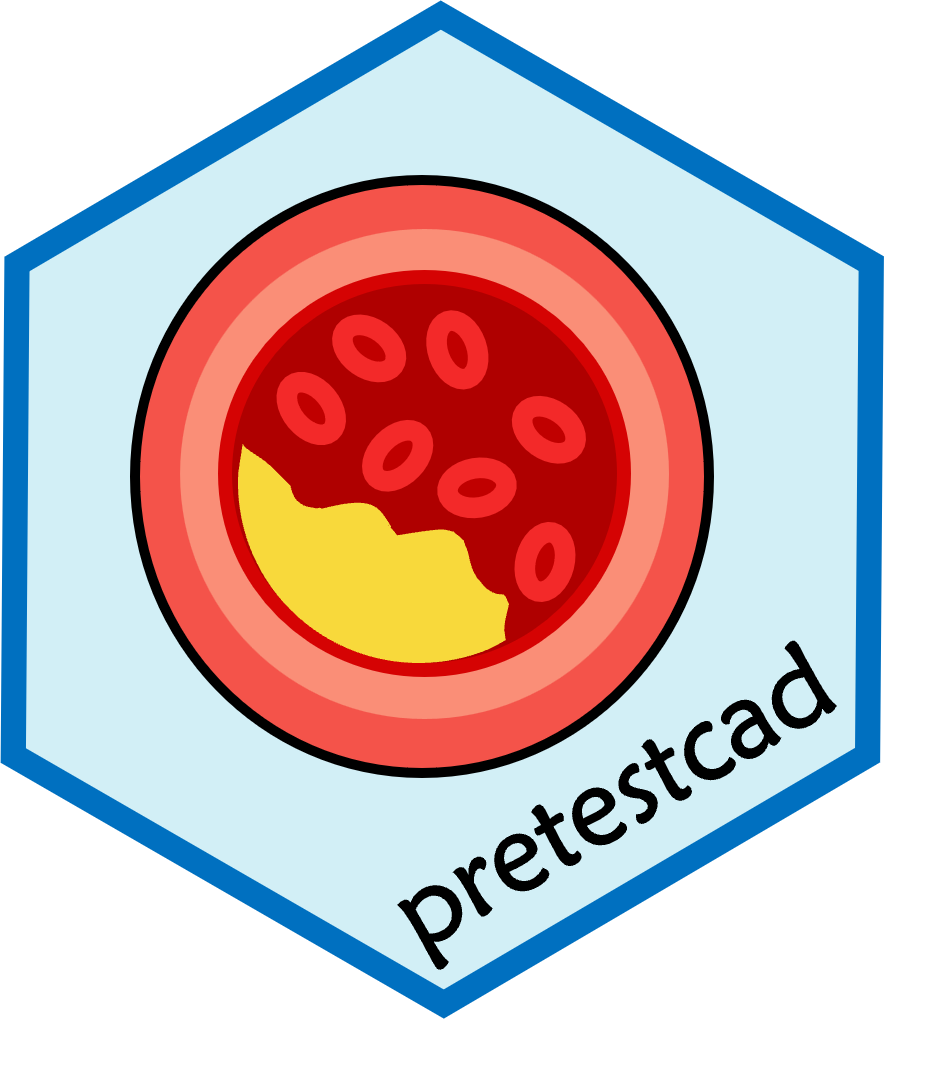 Hex logo of R package pretestcad. Logo is a picture of a coronary artery with partial blockage.